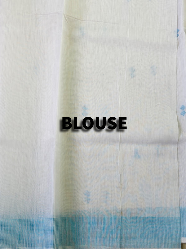 The Lavanya Riva: Pristine White & Sky Blue Embroidered Cotton Saree