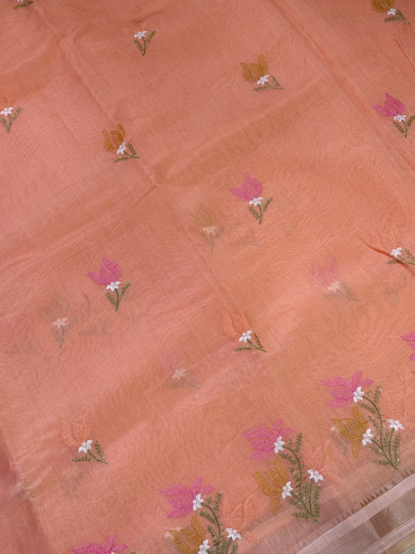 The Ira Riva: Pastel Peach Floral Embroidered Cotton Saree
