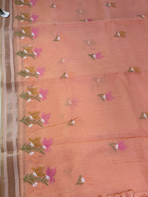 The Ira Riva: Pastel Peach Floral Embroidered Cotton Saree