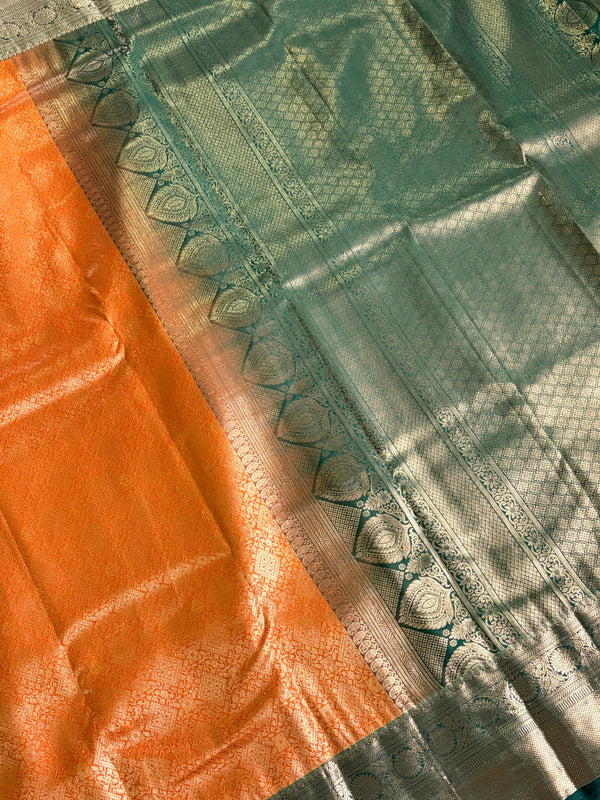 The Haldi Aahana: Mustard Yellow & Bottle Green Kanchipuram Silk Saree