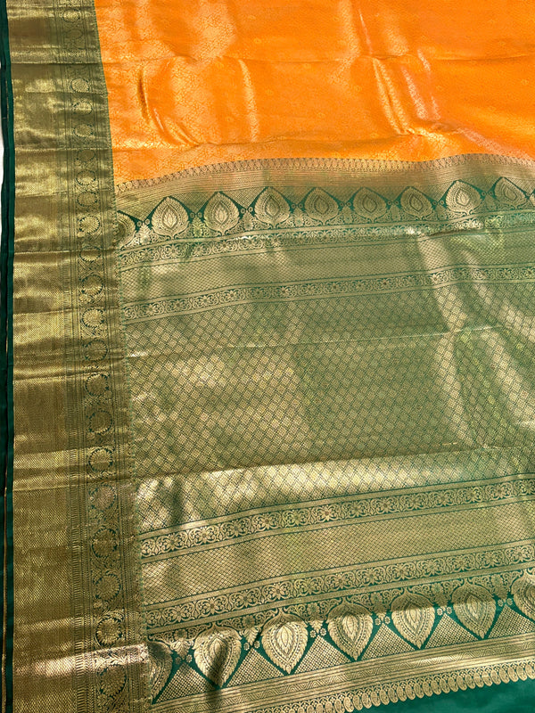 The Haldi Aahana: Mustard Yellow & Bottle Green Kanchipuram Silk Saree