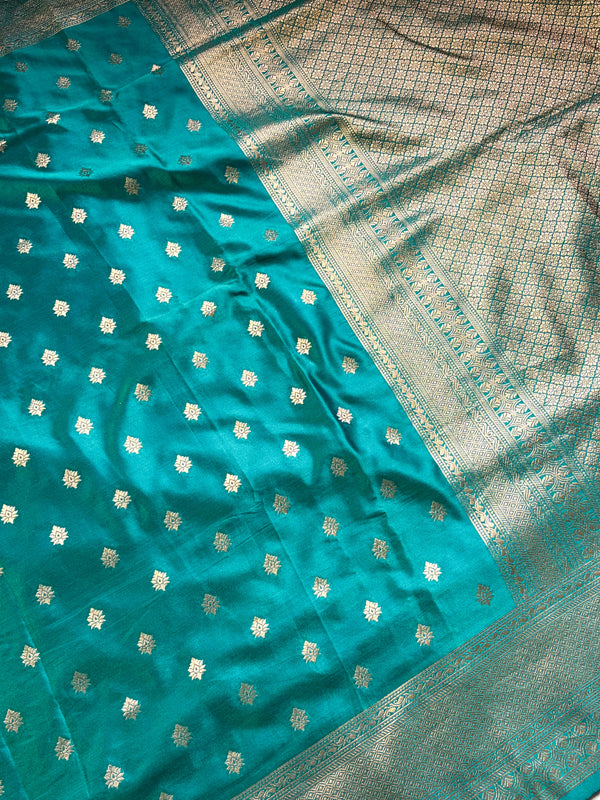The Mayur Mayukha: Teal Blue-Green Banarasi Saree With Gold Zari Buta
