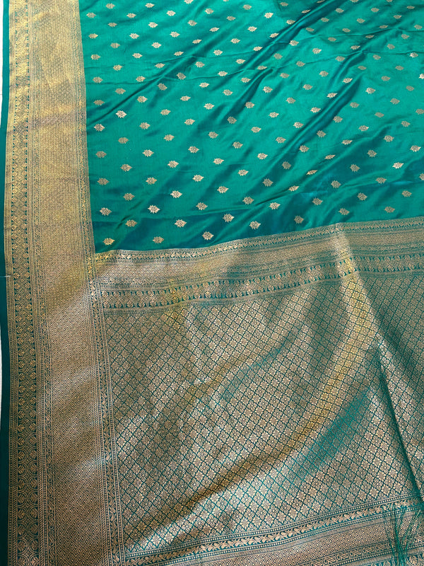The Mayur Mayukha: Teal Blue-Green Banarasi Saree With Gold Zari Buta