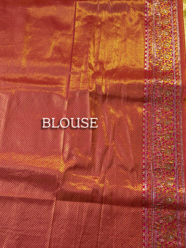 The Swarna Mayuri: Olive Gold Tissue Banarasi Saree With Vermilion Red Border