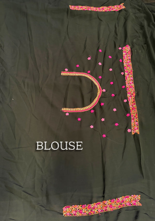 The Emerald Enigma: Deep Bottle Green Saree With Pink and Gold Embroidered Border