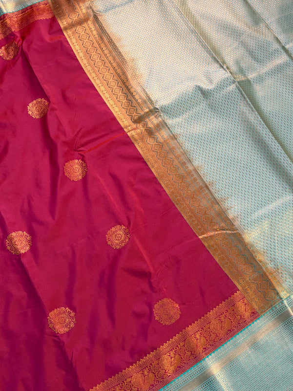 The Tanvi Vilasa: Rani Pink & Pastel Seafoam Kanchipuram Silk Saree