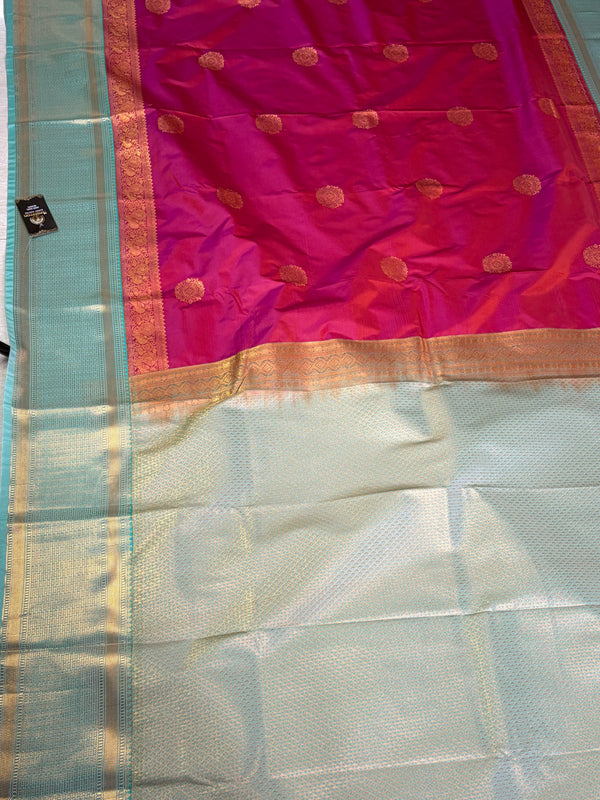 The Tanvi Vilasa: Rani Pink & Pastel Seafoam Kanchipuram Silk Saree