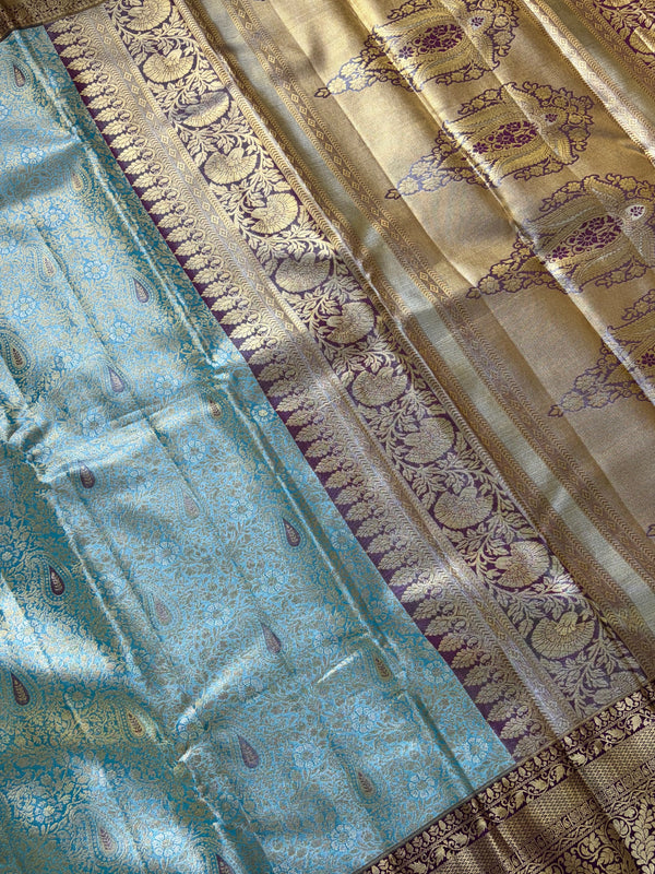 The Indrani Vilasa: Powder Blue & Wine Tissue Kanchipuram Silk Saree