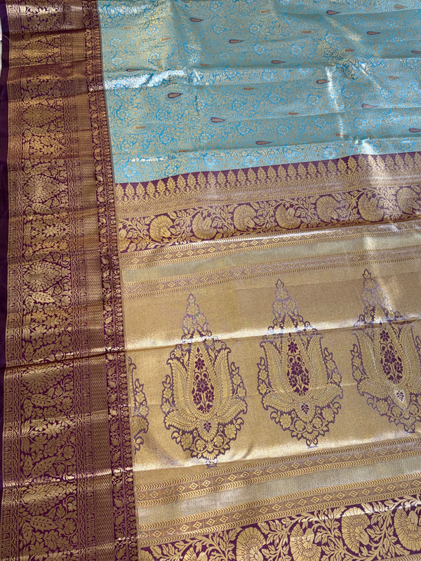 The Indrani Vilasa: Powder Blue & Wine Tissue Kanchipuram Silk Saree