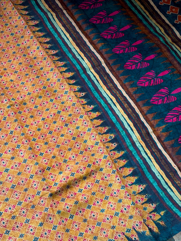 The Earthy Ikat: Mustard Ochre Pure Cotton Saree with Forest Green Temple Border
