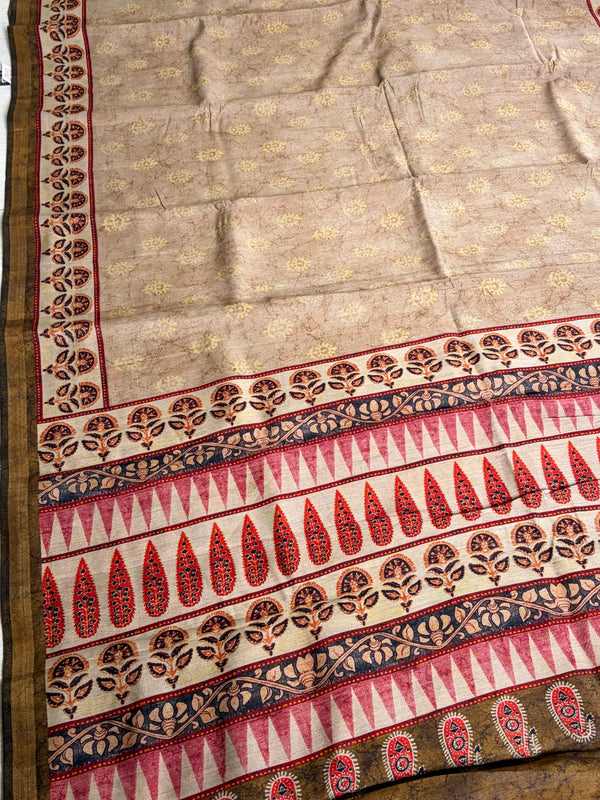 The Desert Flora: Fawn Beige Pure Cotton Saree with Madhubani-Inspired Block Prints