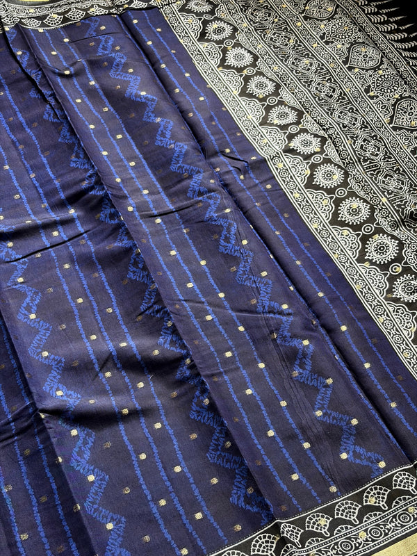 The Midnight Lattice: Deep Indigo Pure Cotton Saree with Monochrome Tribal Borders