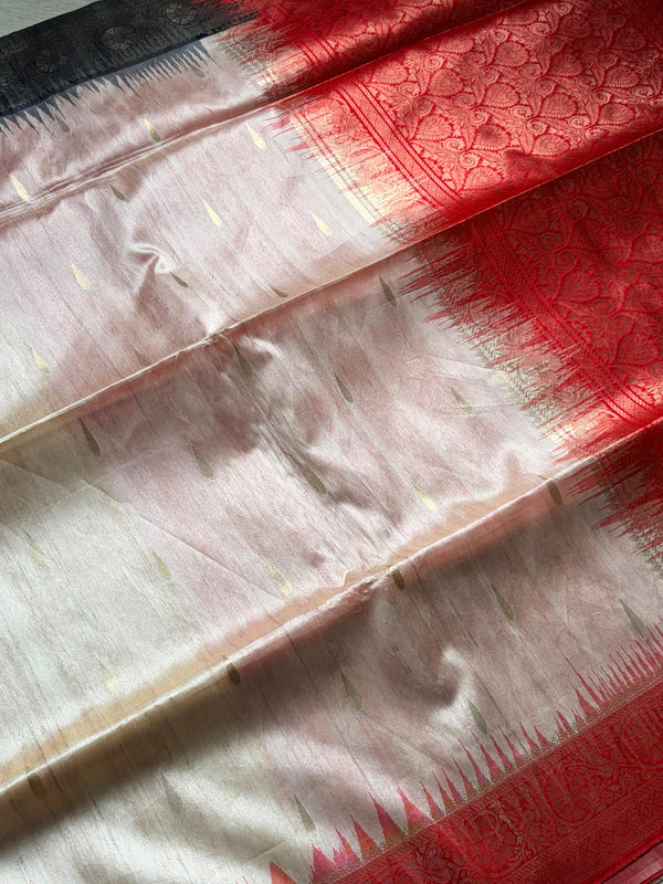 The Ivory Confluence: Tussar Ghicha Silk Saree with Kanchipuram Style Zari Borders & Temple Ikat Pallu