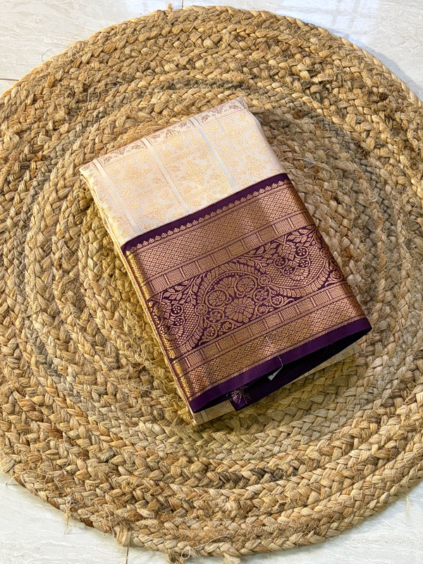 The Subhadra Vilasa: Cream Ivory & Royal Purple Kanchipuram Silk Saree