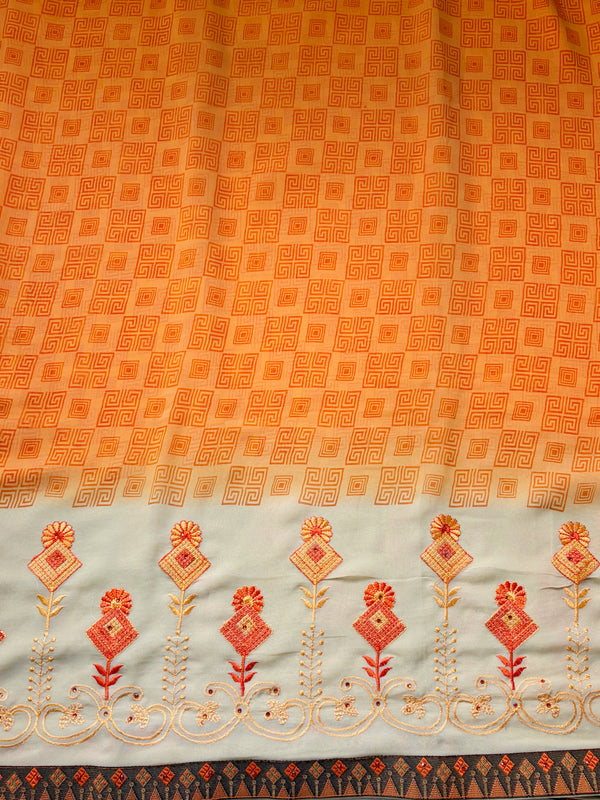 The Vasanta Malini: Sunset Orange Printed Chiffon Saree