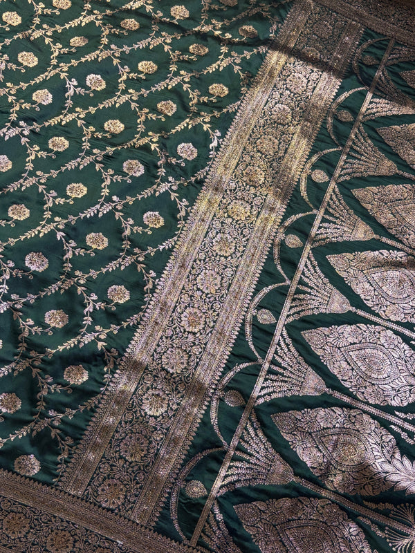 The Emerald Heritage: Deep Bottle Green Banarasi Silk Saree With Antique Gold Zari Jaal