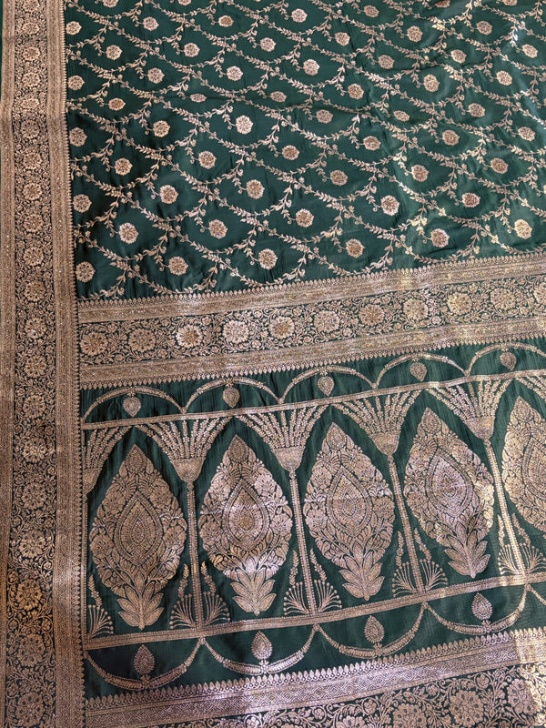 The Emerald Heritage: Deep Bottle Green Banarasi Silk Saree With Antique Gold Zari Jaal