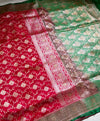 The Heritage Crimson: Scarlet Red Banarasi Silk Saree with Emerald Green Zari Border