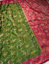The Meadow Garland: Leaf Green Silk Saree with Ornate Pink Floral Brocade