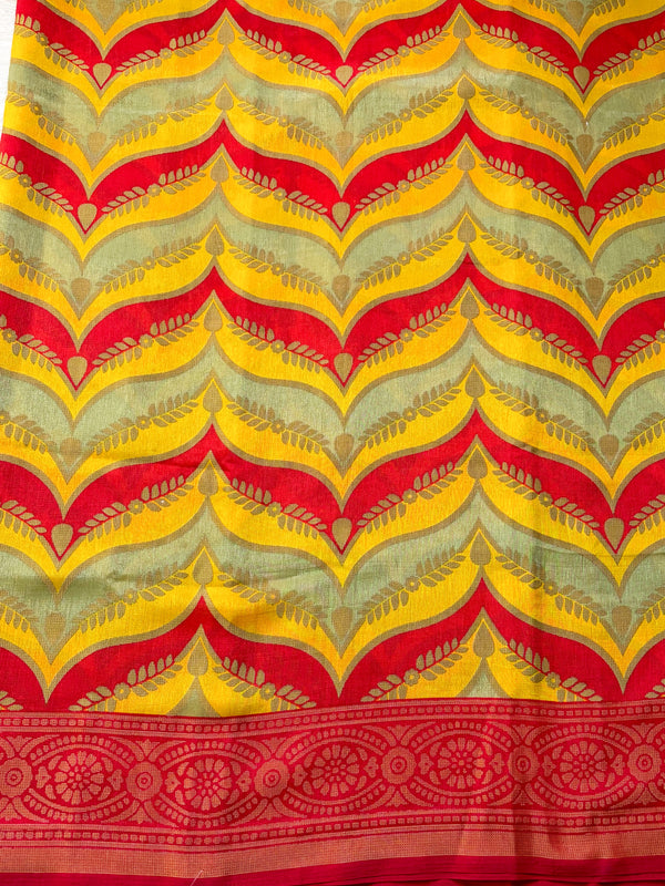 The Tejasvi Riva: Mustard Yellow & Vermilion Red Printed Brasso Saree
