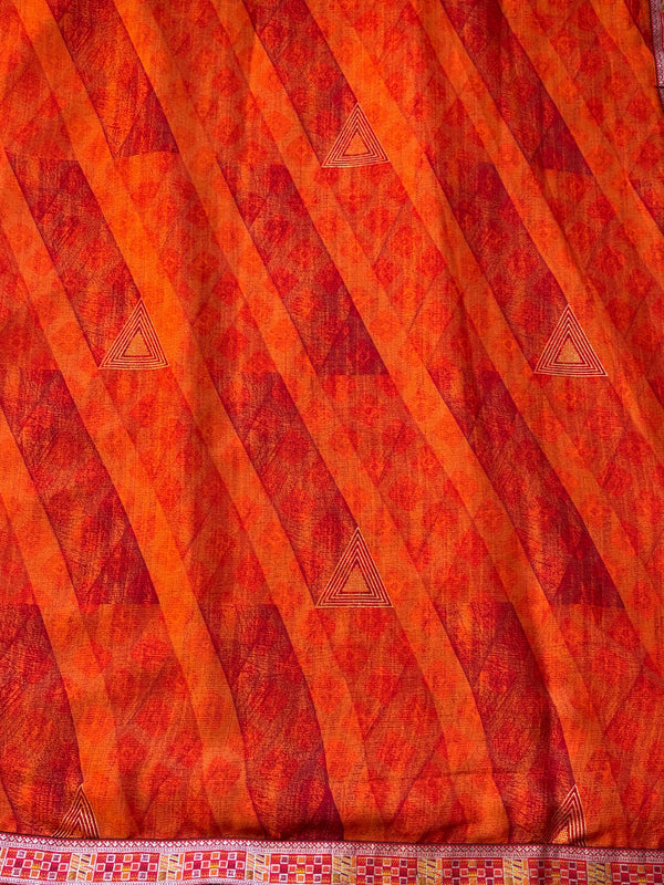 The Ananya Riva: Rust Orange Striped Foil Print Saree