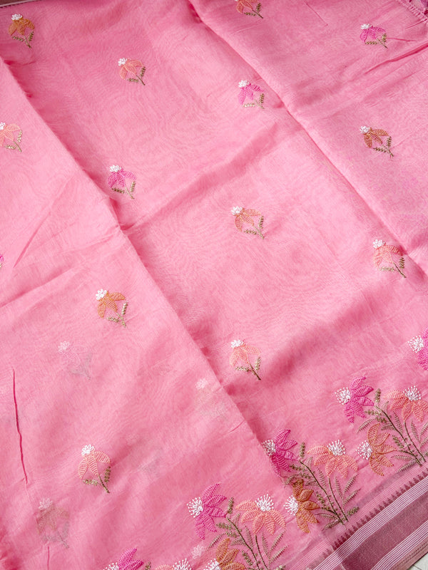The Gulabi Aahana: Powder Pink Embroidered Cotton Saree