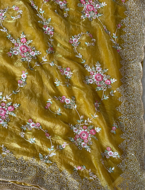 The Chartreuse Whim: Olive Mustard Georgette Saree with Scalloped Borders & Cherry Blossom Hand-Embroidery