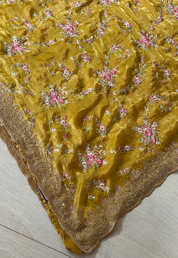 The Chartreuse Whim: Olive Mustard Georgette Saree with Scalloped Borders & Cherry Blossom Hand-Embroidery