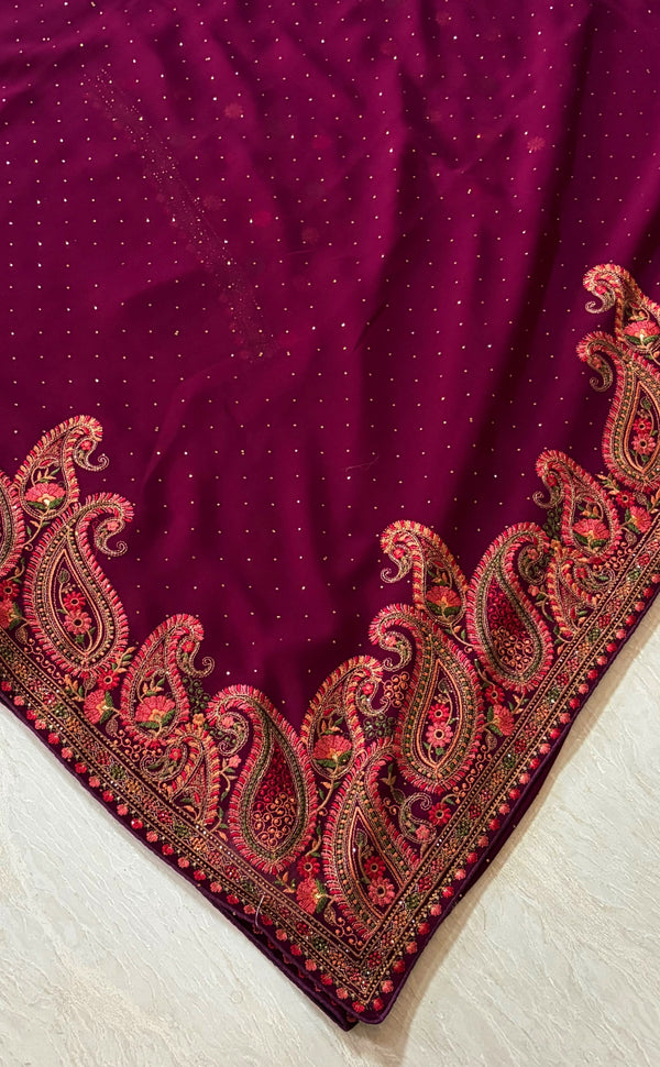 The Mulberry Splendor: Deep Wine Georgette Saree with Intricate Scalloped Paisley Border