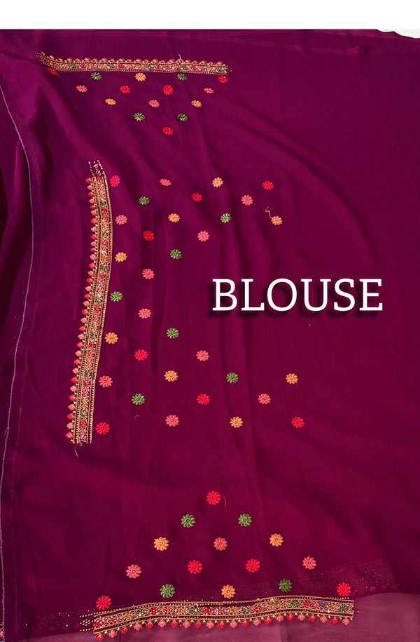 The Mulberry Splendor: Deep Wine Georgette Saree with Intricate Scalloped Paisley Border
