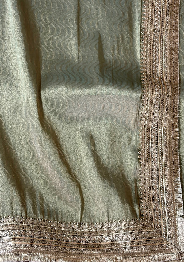 The Sage Luminary: Metallic Sage Green Silk Tissue Saree with Silver Lace Border