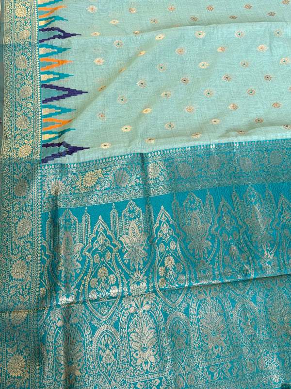 The Mint Malhar: Mint Green Linen Saree With Peacock Blue Temple Border