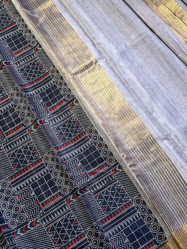 The Charcoal Chitra: Charcoal Grey Cotton Silk Saree With Muted Gold Zari Borders