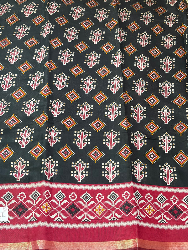 The Midnight Ikat: Charcoal Black Mul Mul Cotton Saree with Madder Red Panelled Pallu