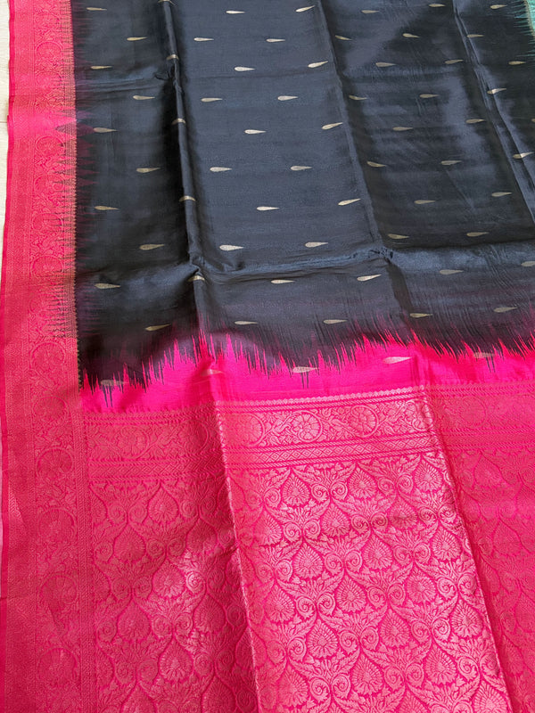 The Chandrika Vilasa: Jet Black & Rani Pink Handloom Silk Saree