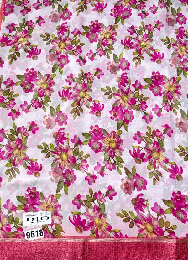 The Vrinda Mayura: Off-White & Magenta Floral Printed Saree