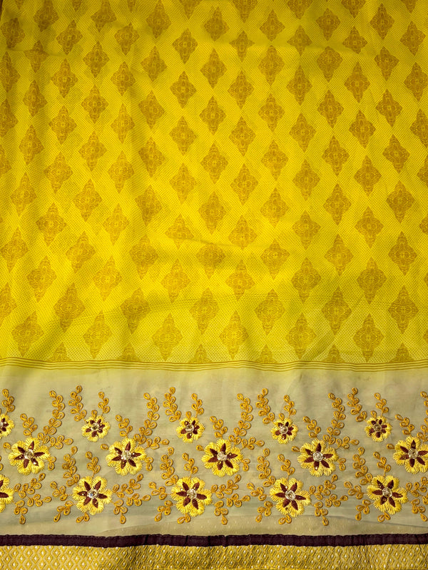 The Peetantara Mayura: Canary Yellow & Beige Embroidered Printed Saree