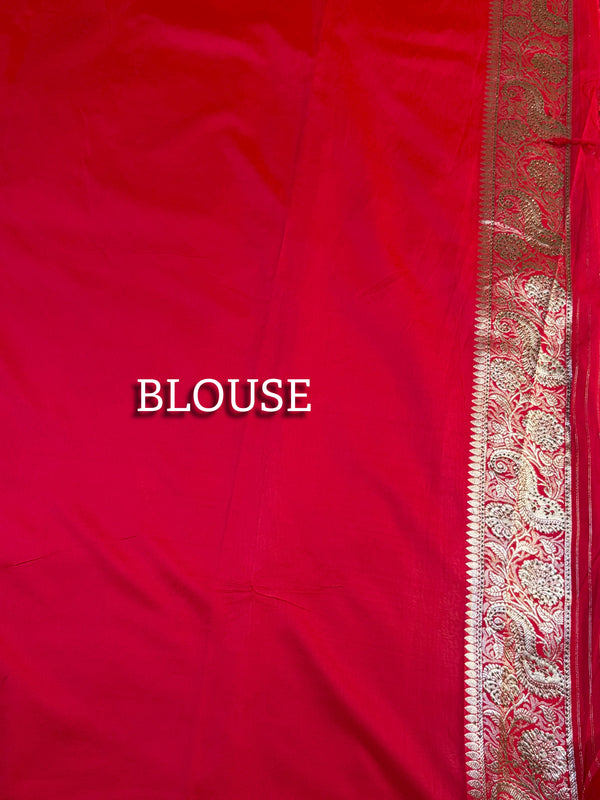 The Shonima Heritage: Scarlet Red Banarasi Silk Saree With Antique Gold Zari Jaal