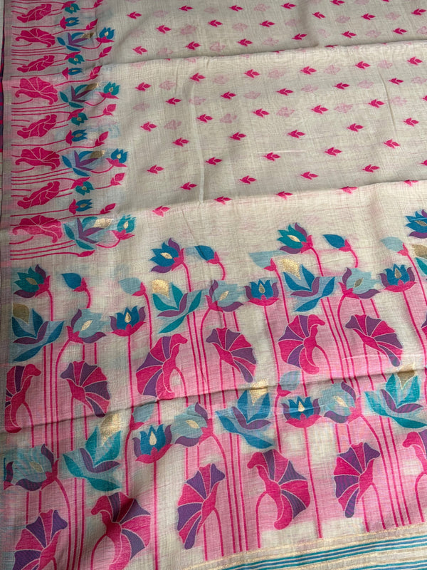 The Ivory Lotus: Cream Pure Linen Saree with Fuchsia & Teal Botanical Borders