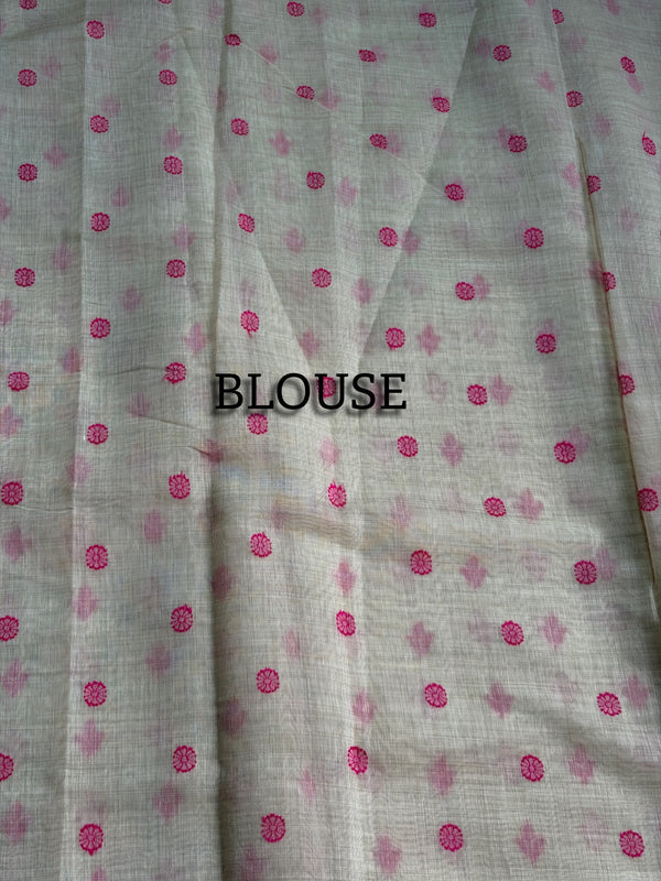 The Ivory Lotus: Cream Pure Linen Saree with Fuchsia & Teal Botanical Borders