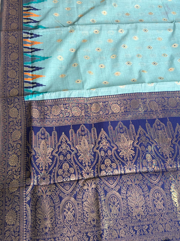 The Cerulean Citadel: Powder Blue Pure Linen Saree with Royal Indigo & Temple Border