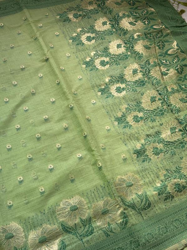 The Moss Garland: Sage & Forest Green Pure Linen Saree with Floral Sunflower Borders