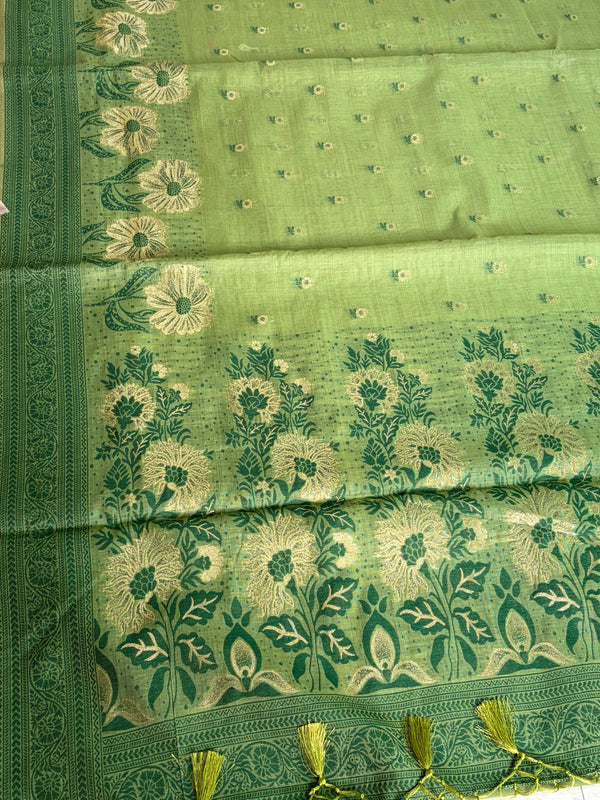 The Moss Garland: Sage & Forest Green Pure Linen Saree with Floral Sunflower Borders
