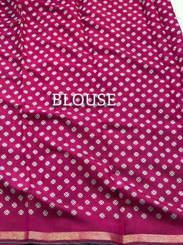 The Indigo Ikat: Indigo Blue Mul Mul Cotton Saree with Vibrant Fuchsia Pink Panelled Pallu