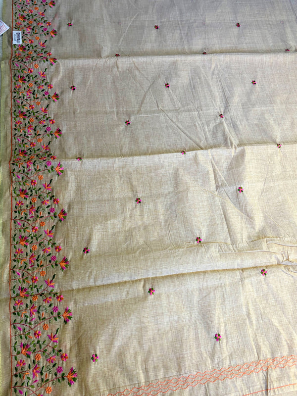 The Aarna Riva: Beige Tussar-Finish Embroidered Handloom Cotton Saree