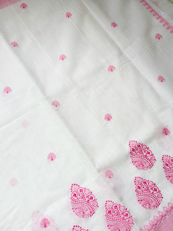 The Rohini Mayura: Pristine White & Candy Pink Cotton Saree