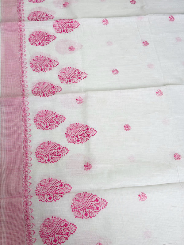 The Rohini Mayura: Pristine White & Candy Pink Cotton Saree