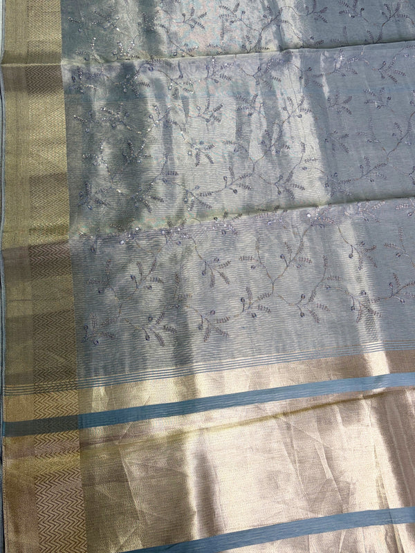 The Chandrika Mayura: Smoky Grey & Antique Gold Tissue Sare