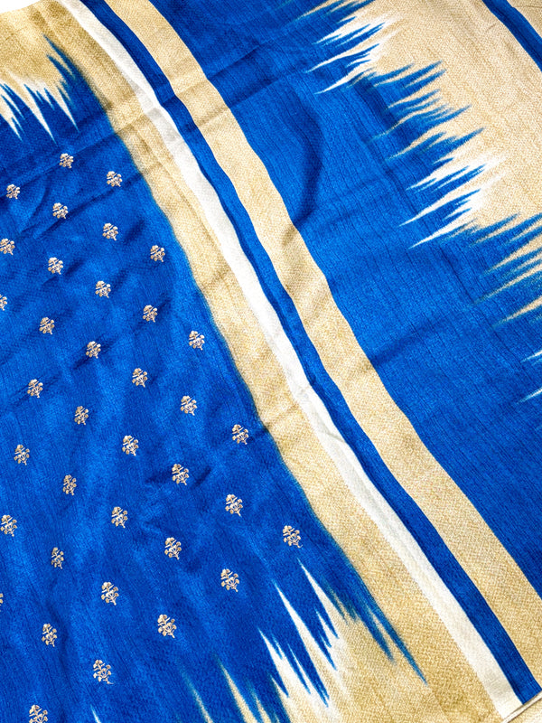 The Neelambari Mayura: Royal Blue & Tussar-Beige Linen Saree