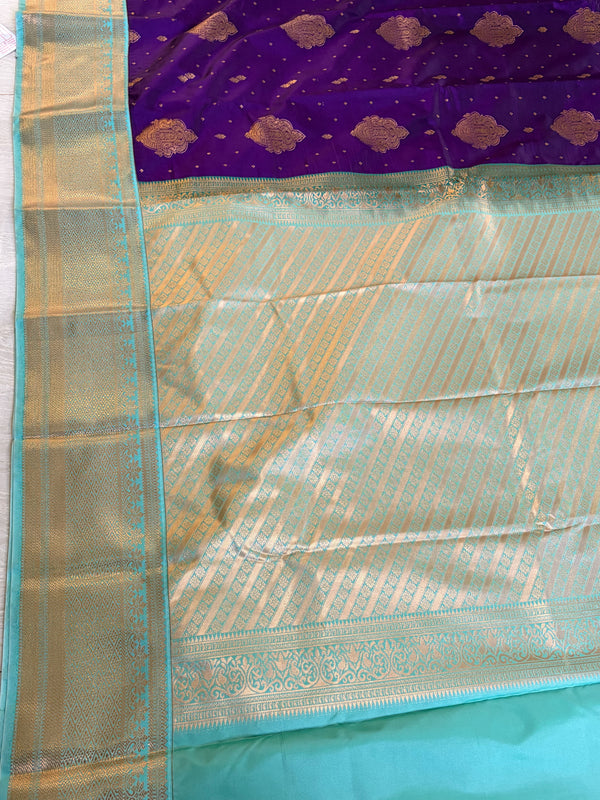 The Kadambari Vilasa: Royal Purple & Aqua-Cyan Kanchipuram Silk Saree